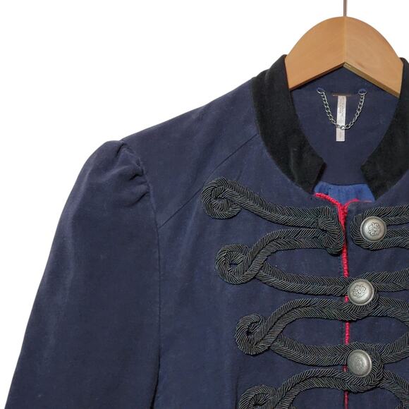 Free People Velvet Military Band Jacket Navy Blue Structured Statement Luxe S - Picture 5 of 14